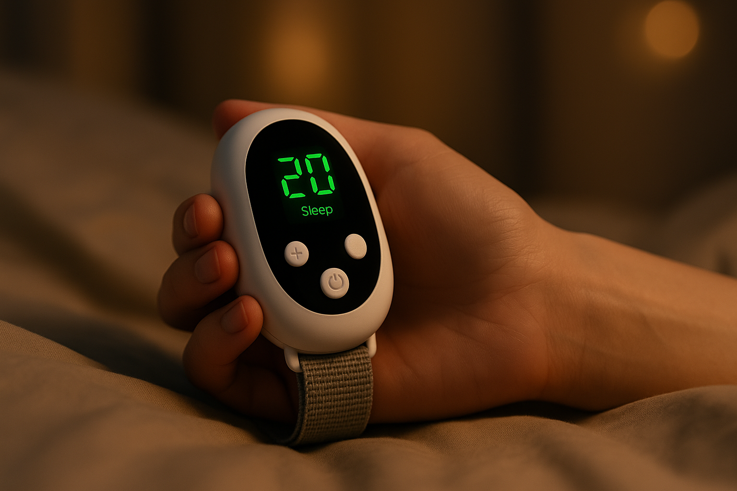 ZenTouch™ device held in hand on beige sheets - updated version